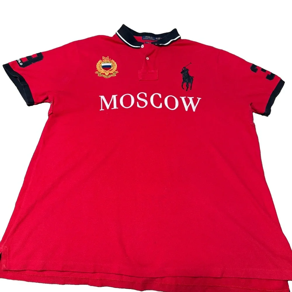 Polo Ralph Lauren Red Solid Short Sleeve Collared Button Polo Shirt MOSCOW XXL